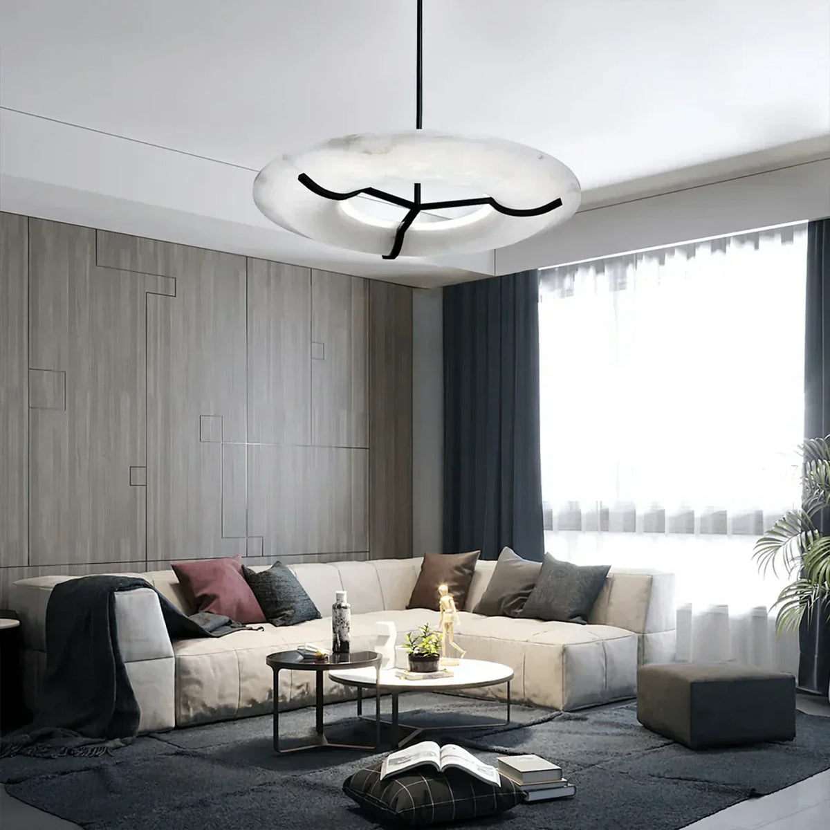 Sculptural Ring Chandelier in alabaster for Dining Room by AUVIELIGHT