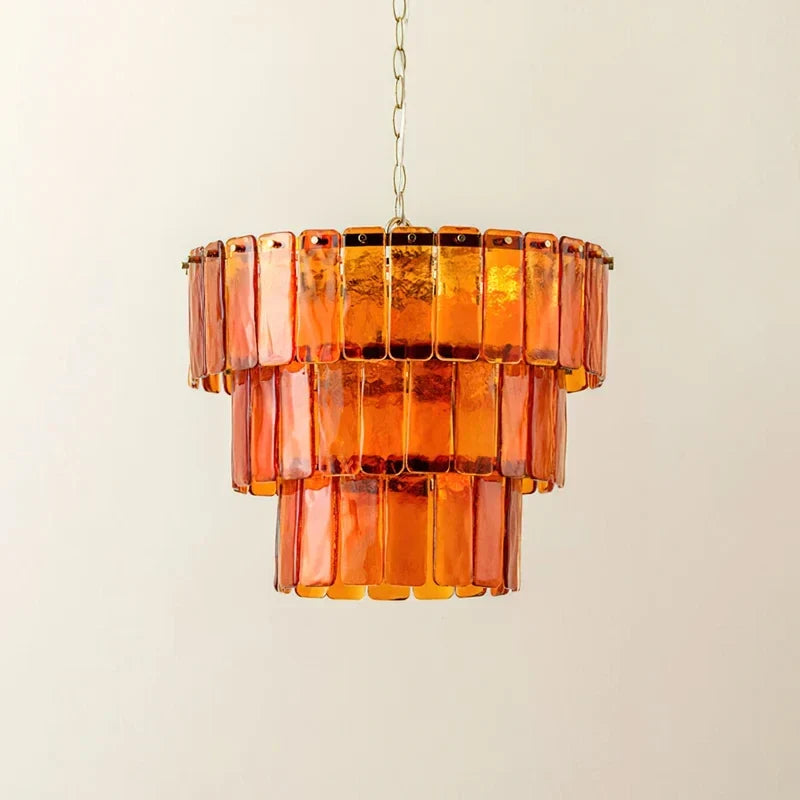 Sculptural Tiered Chandelier in amber cast glass for Dining Room by AUVIELIGHT, ∅ 19.7″ x H 12.6″ / Orange & Gold