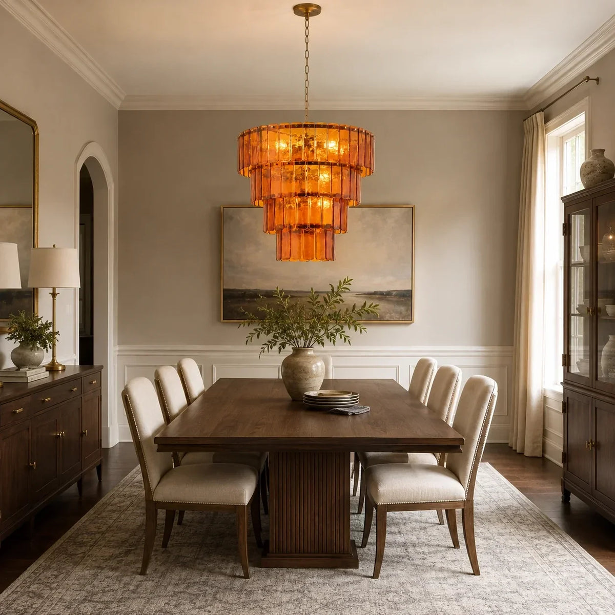 Sculptural Tiered Chandelier in amber cast glass for Dining Room by AUVIELIGHT