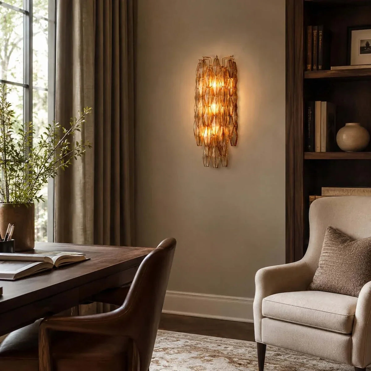 Sculptural Polyhedral Wall Sconce in amber glass for Hallway by AUVIELIGHT