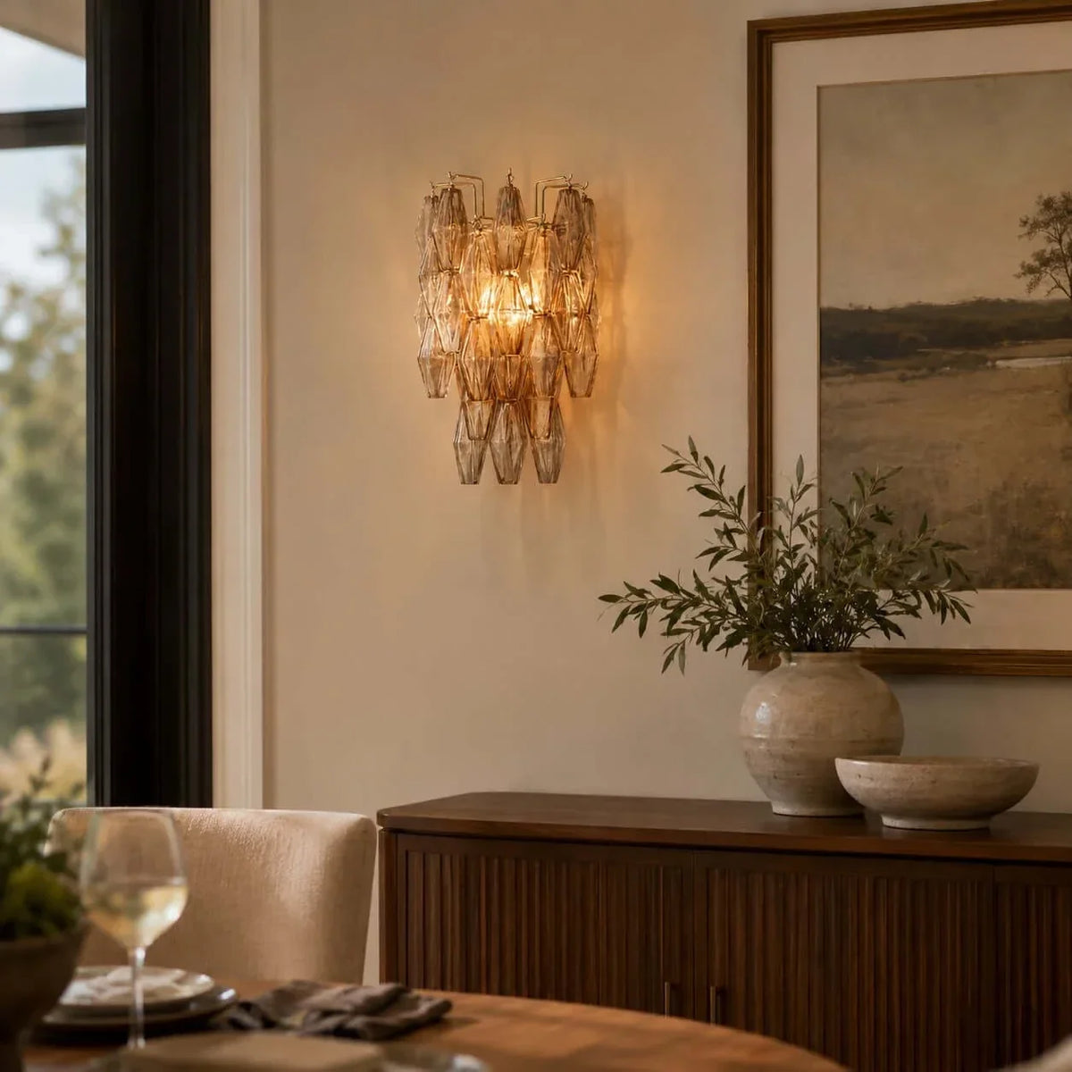 Sculptural Polyhedral Wall Sconce in amber glass for Hallway by AUVIELIGHT