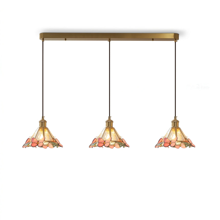 Sculptural Butterfly Linear Pendant Light in stained glass for Kitchen Island by AUVIELIGHT, L 27.6" x H 59" / Gold & Pink