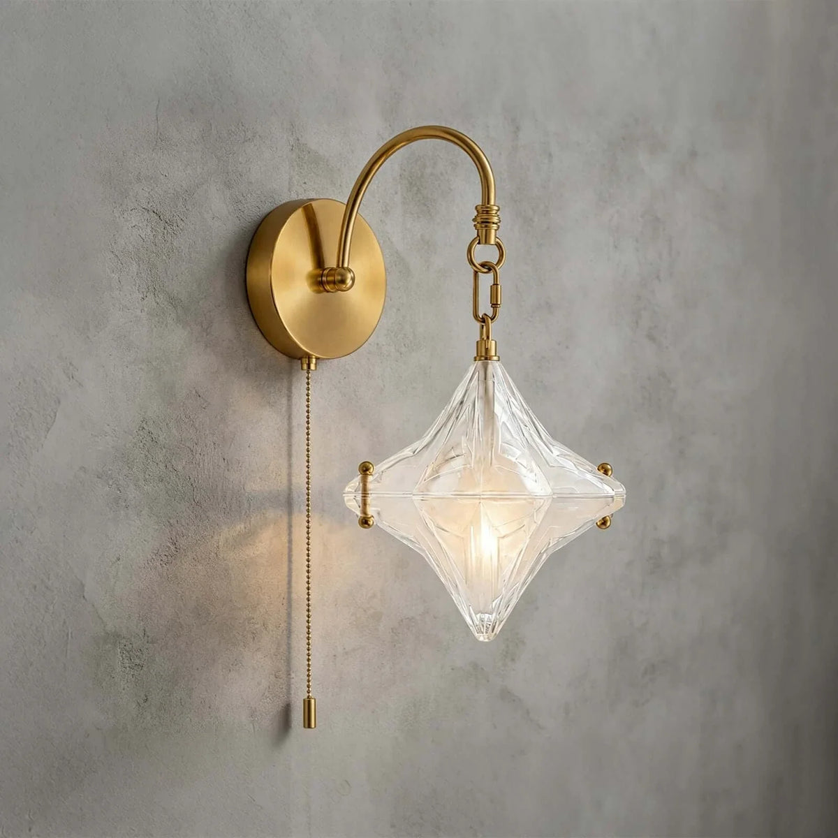 Pull-Chain Diamond Wall Sconce in glass for Hallway by AUVIELIGHT, Dia 23cm x H 37cm / ∅ 9.1″ x H 14.6" / Brass
