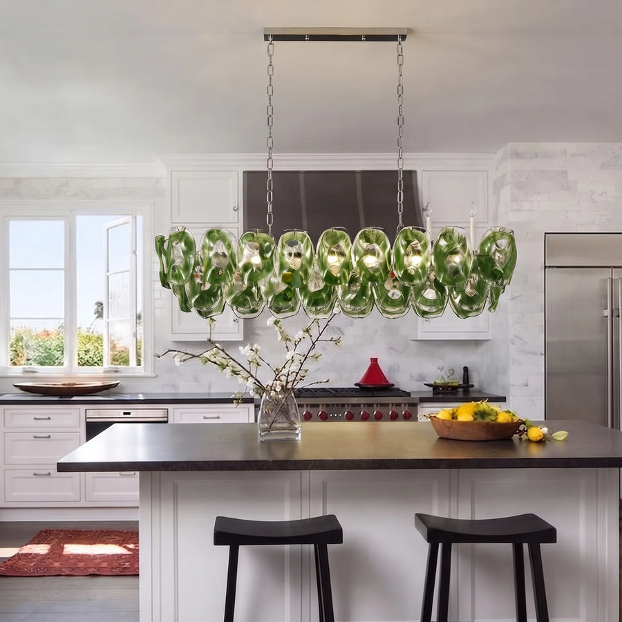 Sculptural Molten Linear Chandelier in emerald green glass for Dining Room by AUVIELIGHT