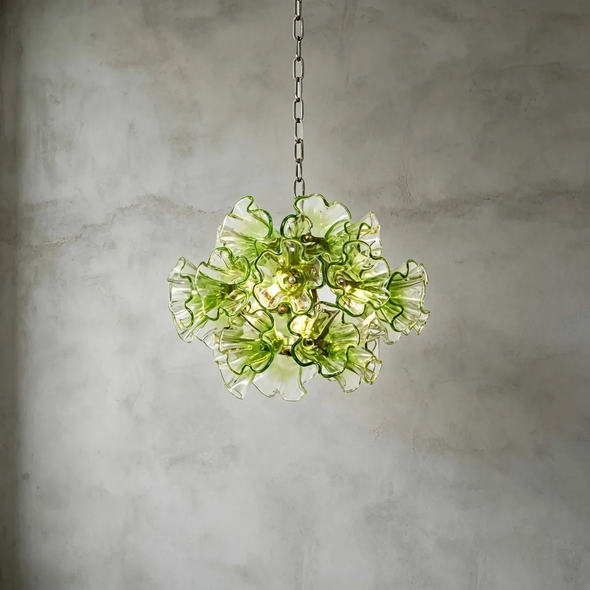 Sculptural Ruffled Globe Chandelier in glass for Dining Room by AUVIELIGHT, Dia 17.7" x H 11.8" / green