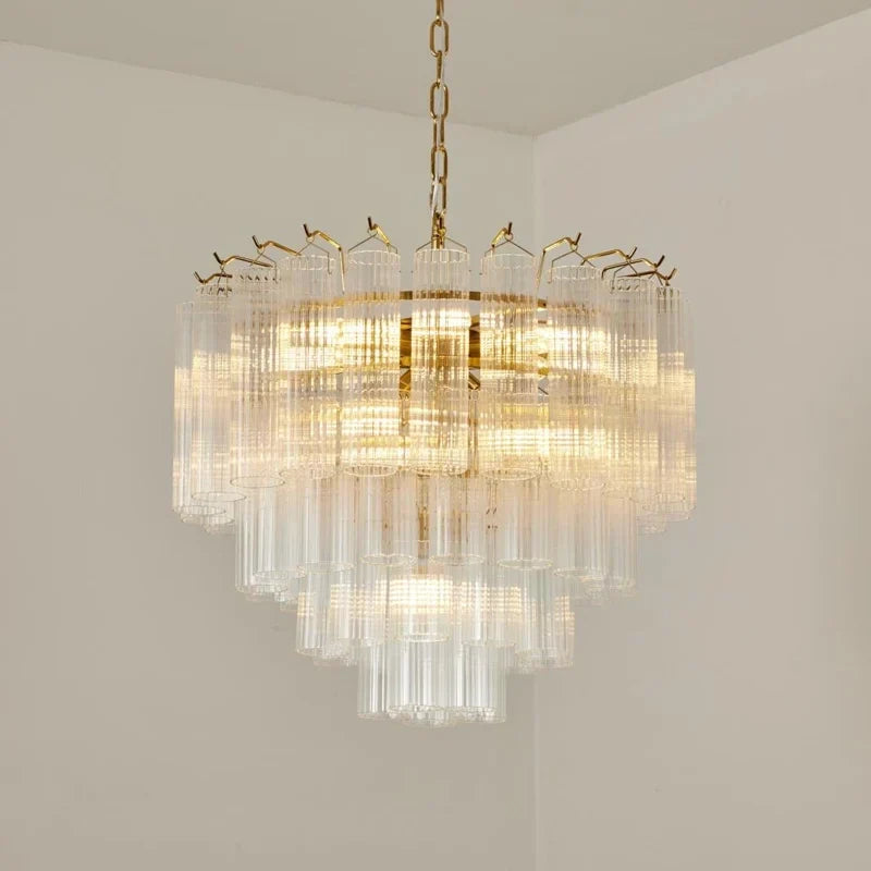 Rod Fluted Chandelier in glass for Dining Room by AUVIELIGHT, ∅ 23.6″ x H 19.7″ / Clear & Gold
