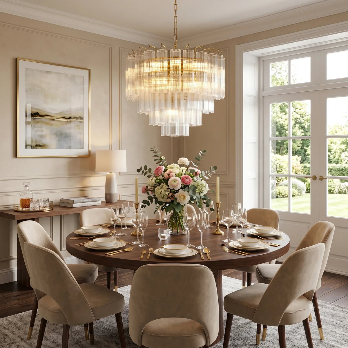 Rod Fluted Chandelier in glass for Dining Room by AUVIELIGHT