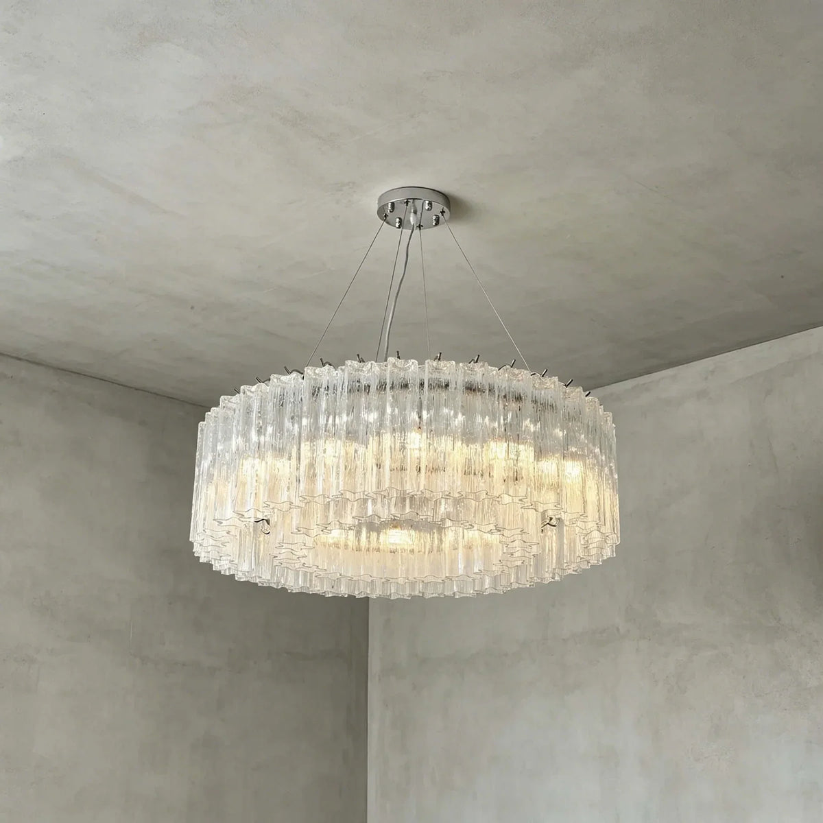 Sculptural Fluted Drum Chandelier in ice glass for Dining Room by AUVIELIGHT, Dia 31.5" x H 9.8" / Clear & Chrome