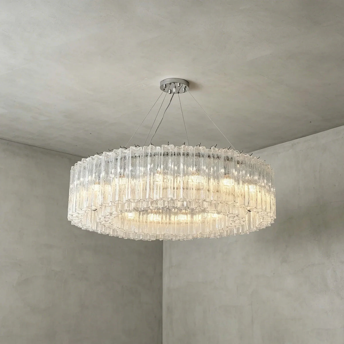 Sculptural Fluted Drum Chandelier in ice glass for Dining Room by AUVIELIGHT, Dia 39.4" x H 9.8" / Clear & Chrome