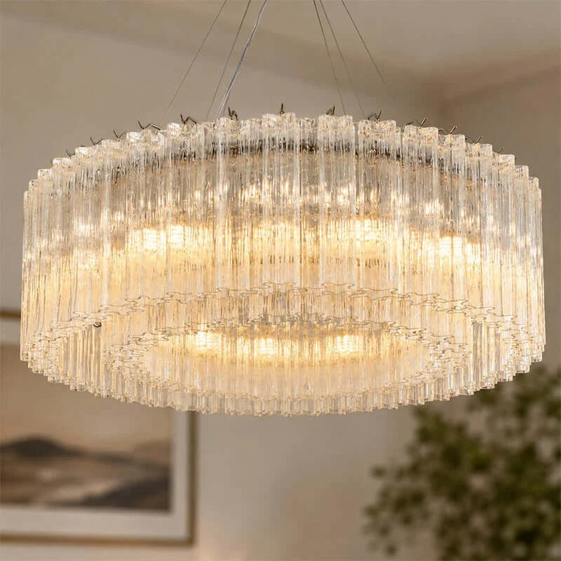 Sculptural Fluted Drum Chandelier in ice glass for Dining Room by AUVIELIGHT