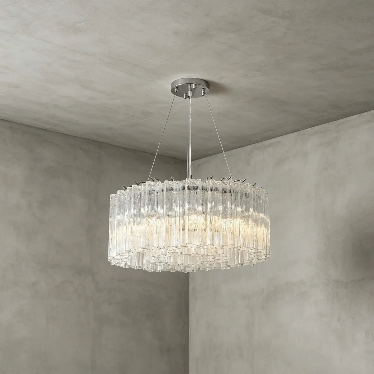 Sculptural Fluted Drum Chandelier in ice glass for Dining Room by AUVIELIGHT, Dia 23.6" x H 9.8" / Clear & Chrome