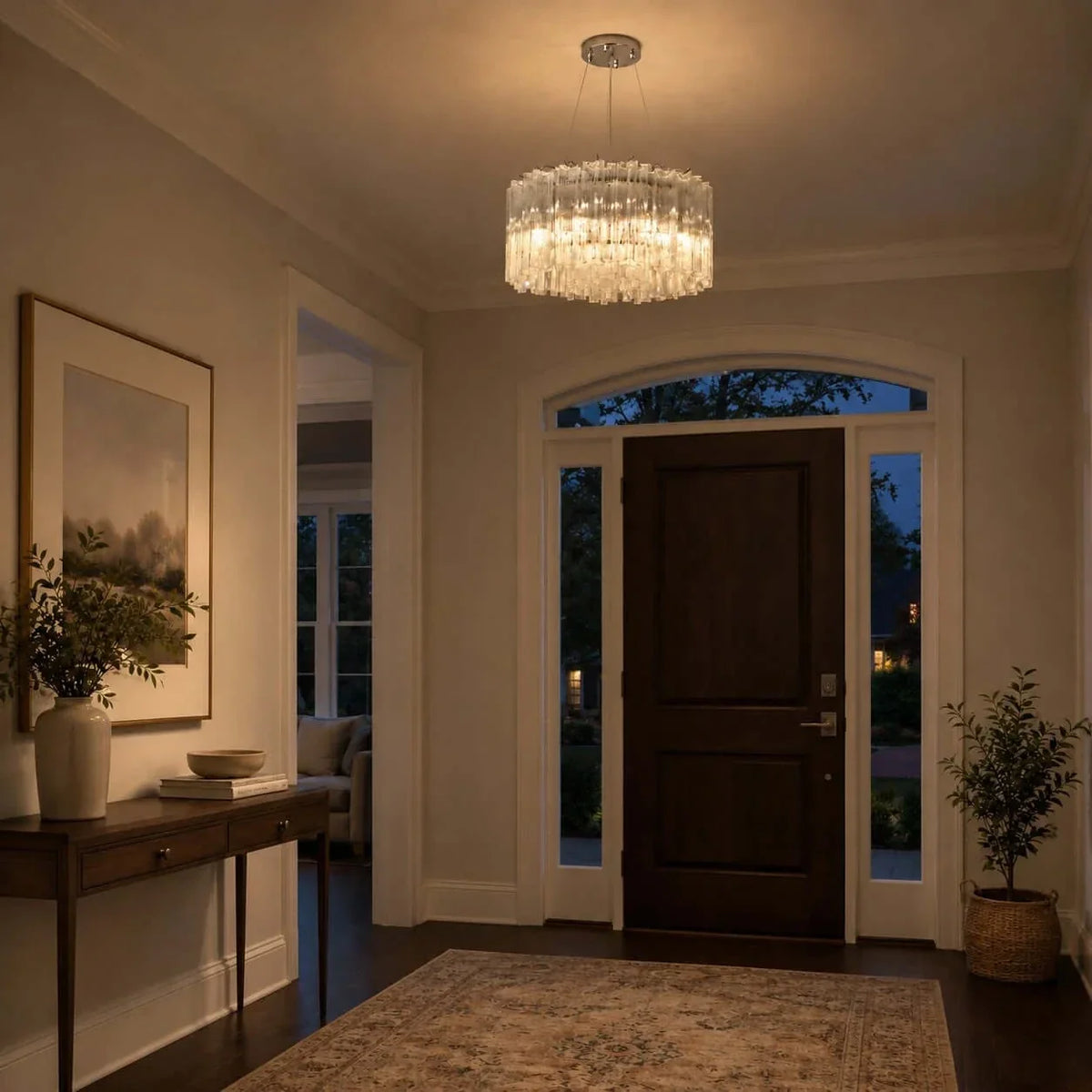 Sculptural Fluted Drum Chandelier in ice glass for Dining Room by AUVIELIGHT