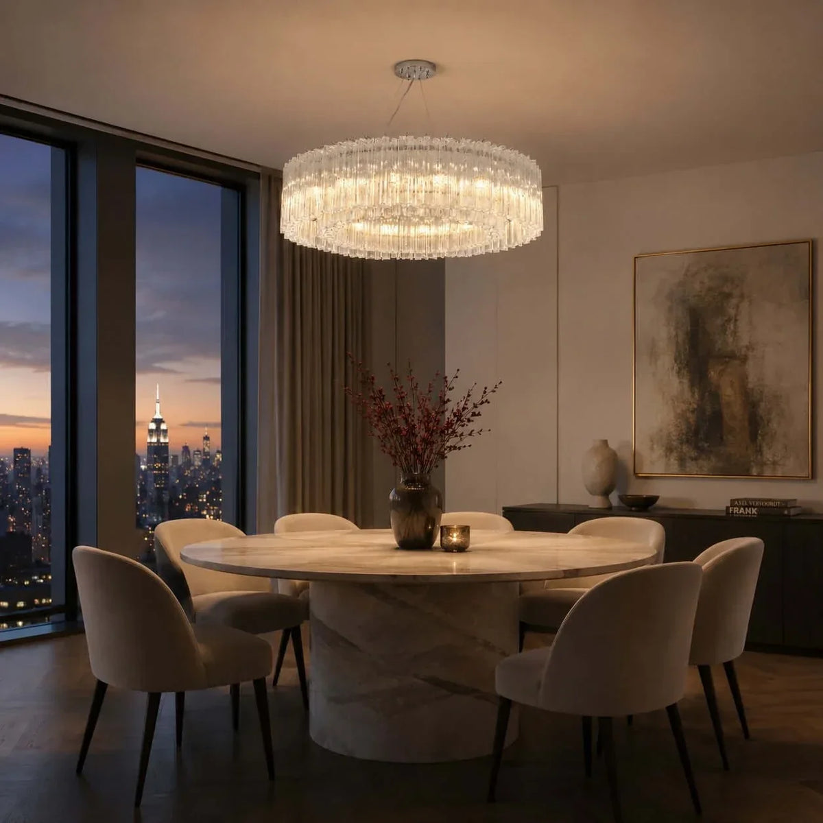 Sculptural Fluted Drum Chandelier in ice glass for Dining Room by AUVIELIGHT