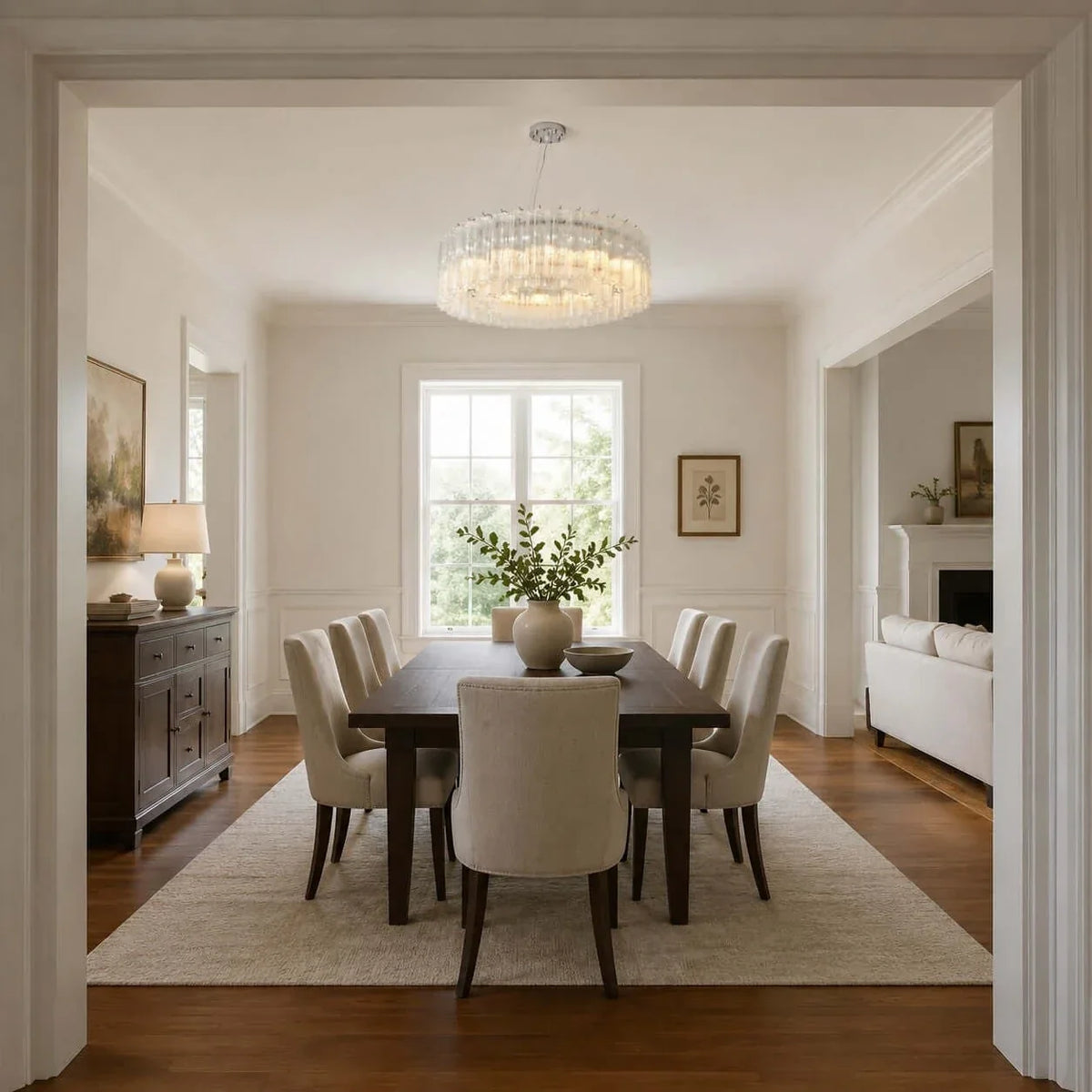 Sculptural Fluted Drum Chandelier in ice glass for Dining Room by AUVIELIGHT