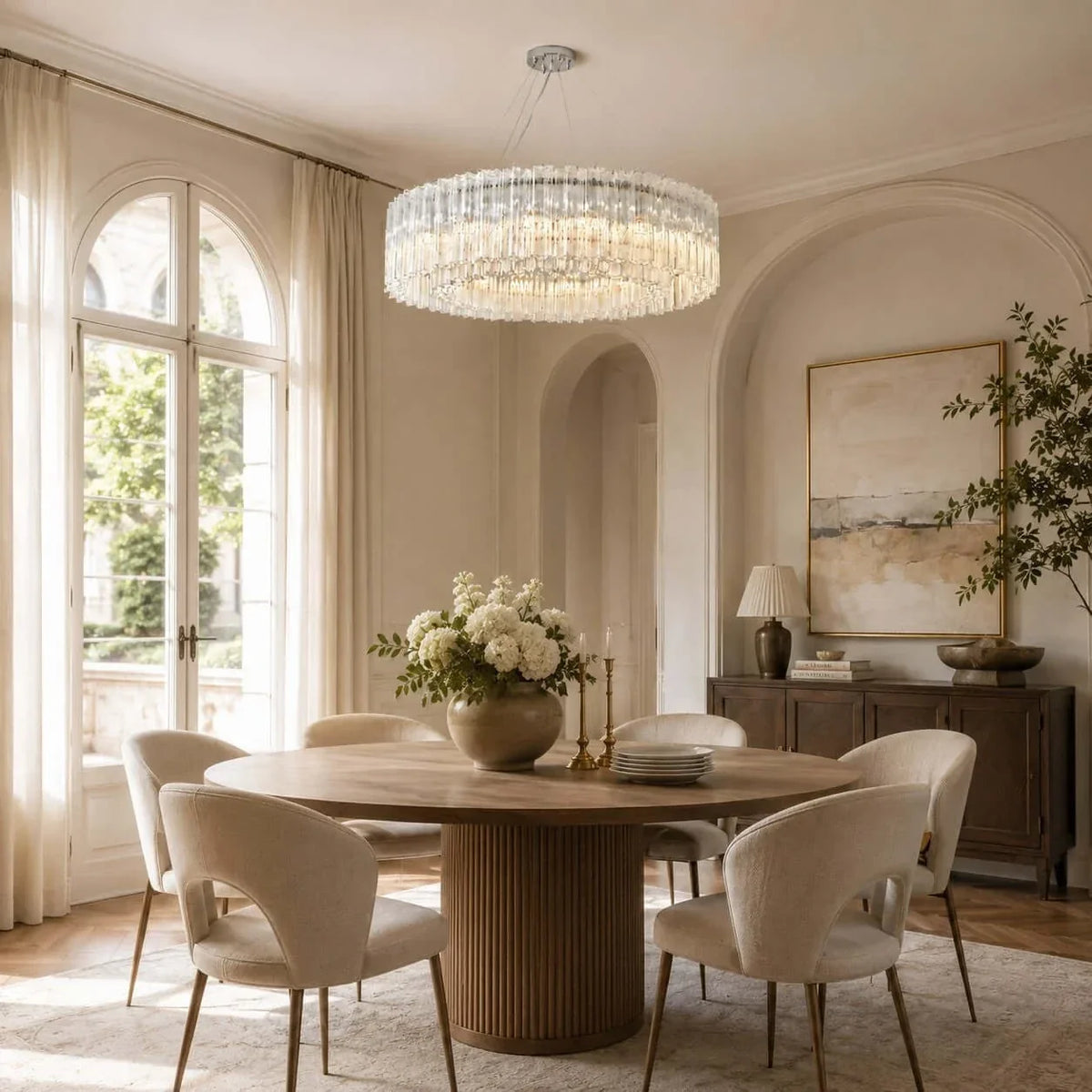 Sculptural Fluted Drum Chandelier in ice glass for Dining Room by AUVIELIGHT