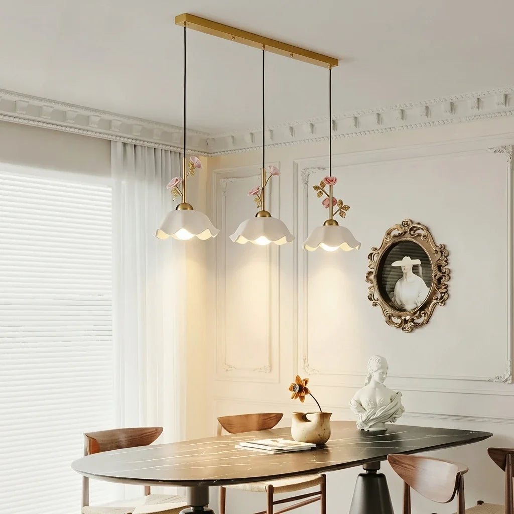 Country Linear Pendant Light in rose porcelain for Kitchen Island by AUVIELIGHT