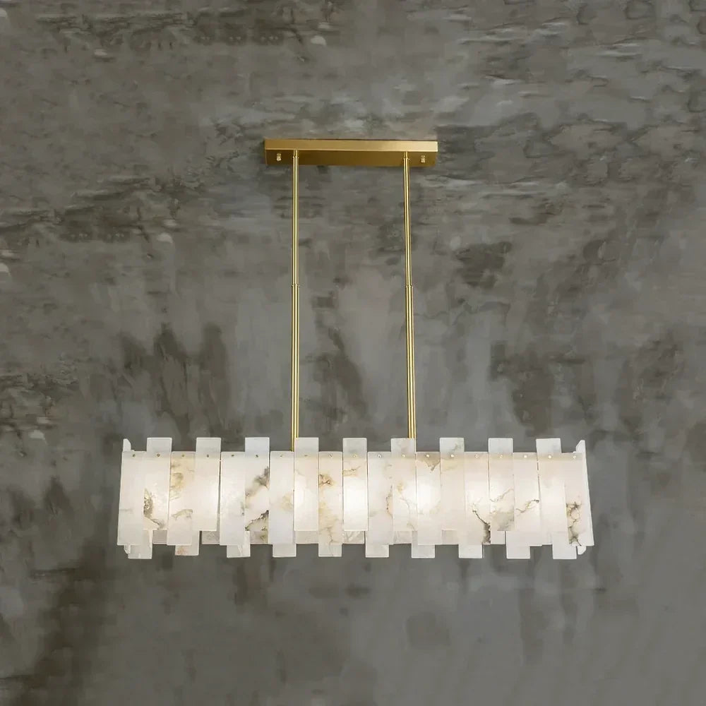 Sculptural Linear Pendant Light in alabaster for Kitchen Island by AUVIELIGHT, L 125cm x W 30cm x H 63cm / L 49.3″ x W 7.1″ x H 40.9″ / Gold &