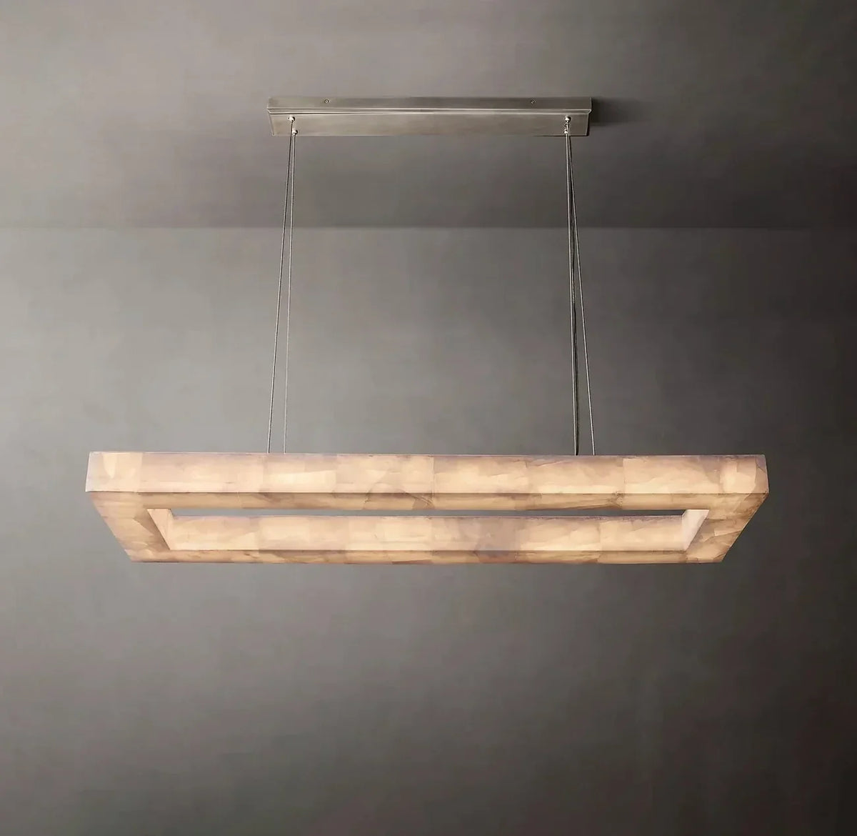 Open Rectangular Pendant Light in alabaster for Kitchen Island by AUVIELIGHT, L 120cm x W 35cm x H 8cm / L 47.2″ x W 13.8″ x H 3.2″ / Silver /