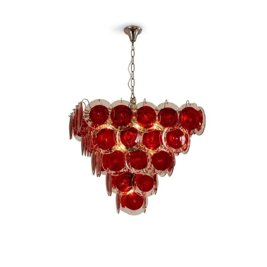 Sculptural Disc Chandelier in ruby red murano glass for Dining Room by AUVIELIGHT, ∅ 29.5″ x H 22.8″ / Red & Chrome