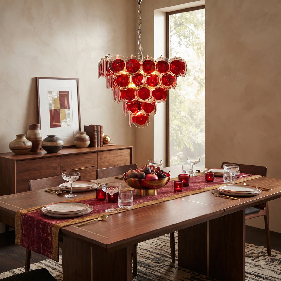 Sculptural Disc Chandelier in ruby red murano glass for Dining Room by AUVIELIGHT