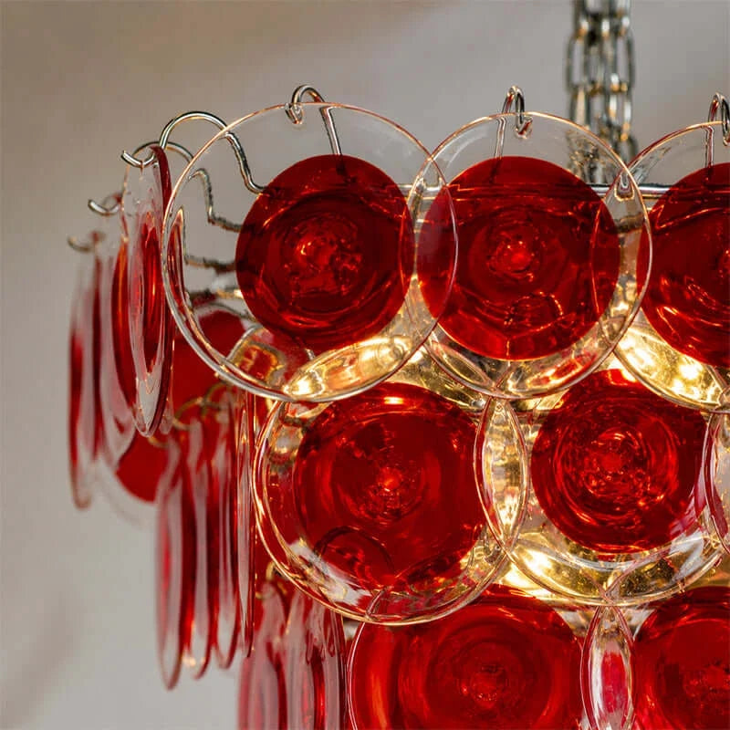 Sculptural Disc Chandelier in ruby red murano glass for Dining Room by AUVIELIGHT