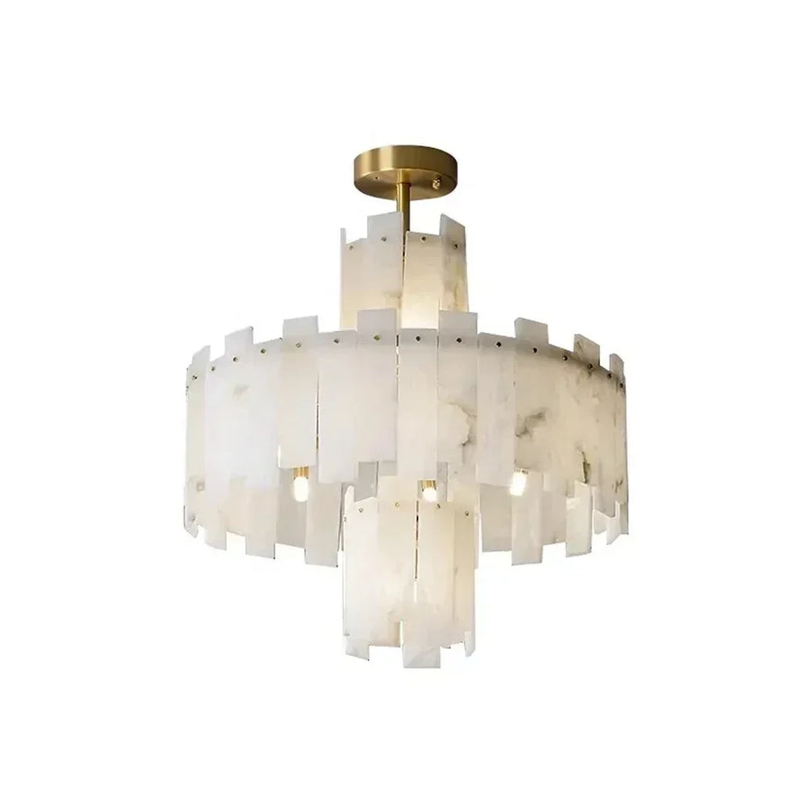 Sculptural Tiered Semi-Flush Mount in alabaster for Low Ceilings by AUVIELIGHT, Dia 60cm x H 68cm / ∅ 23.6″ x H 26.7″ / Brass & White and 1