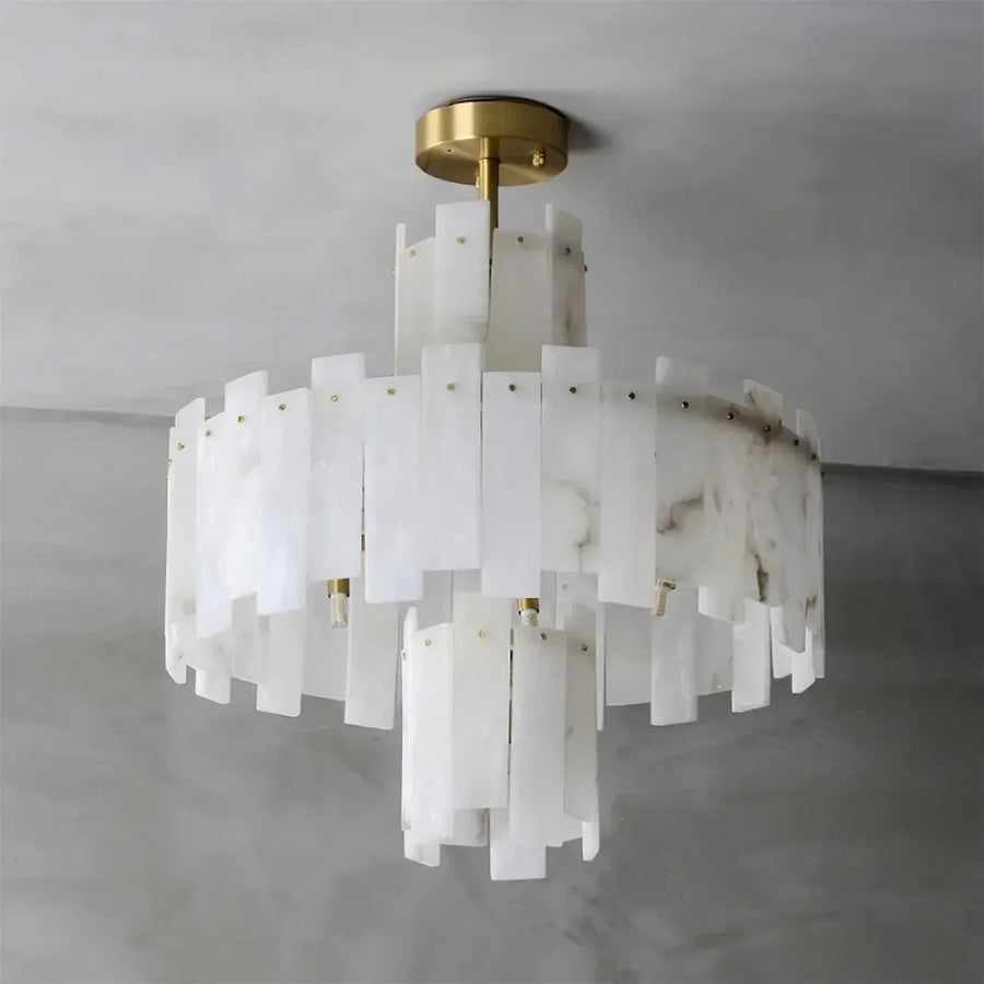 Sculptural Tiered Semi-Flush Mount in alabaster for Low Ceilings by AUVIELIGHT, Dia 100cm x H 68cm / ∅ 39.1″ x H 26.7″ / Brass & White