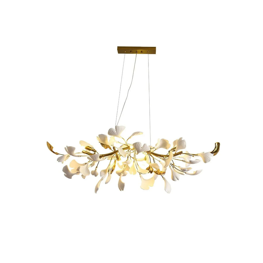 Sculptural Ginkgo Branch Chandelier in white gold for Dining Room by AUVIELIGHT, L 31.5"  x H 13.8" / L 80cm x H 35cm / Golden Lamp Body + White