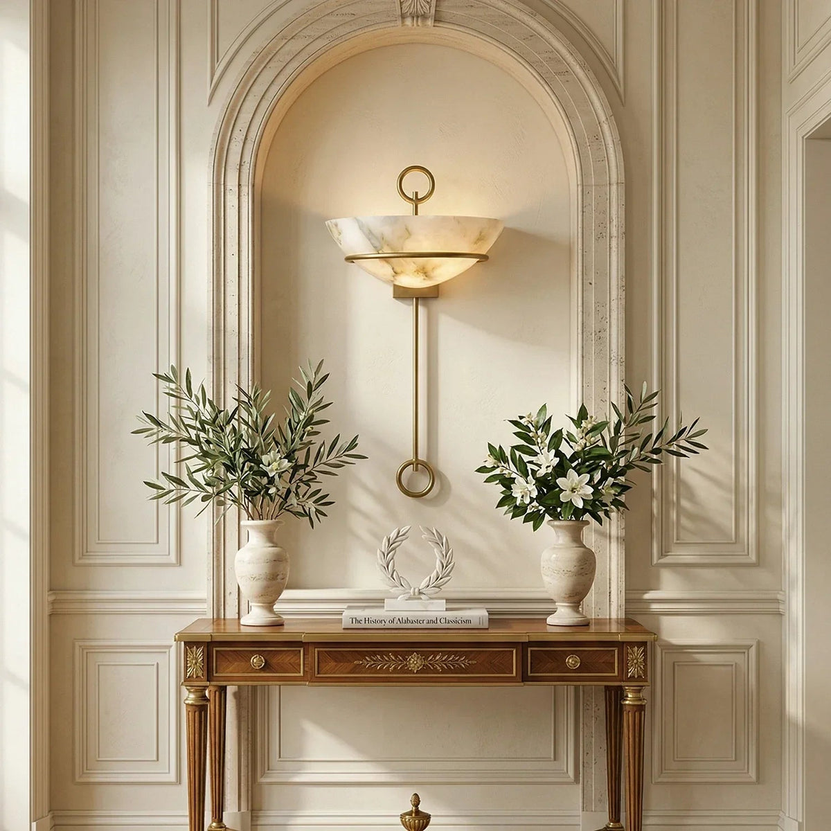 Semicircular Tether Bowl Wall Light in alabaster for Hallway by AUVIELIGHT