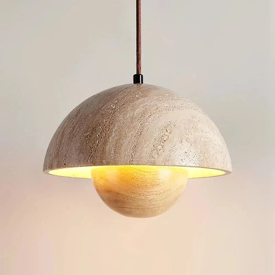 Semicircular Bud Pendant Light in travertine for Kitchen Island by AUVIELIGHT, Dia 23cm x H 17cm / ∅ 9.2″ x H 6.7 / Wood Color / Warm Light