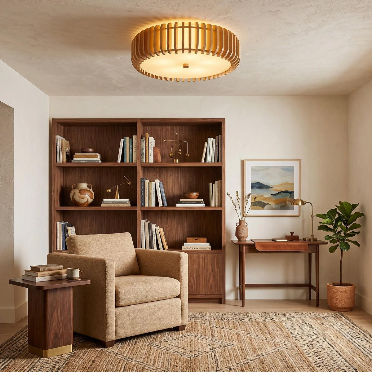 Slatted Drum Flush Mount in wood for Low Ceilings by AUVIELIGHT