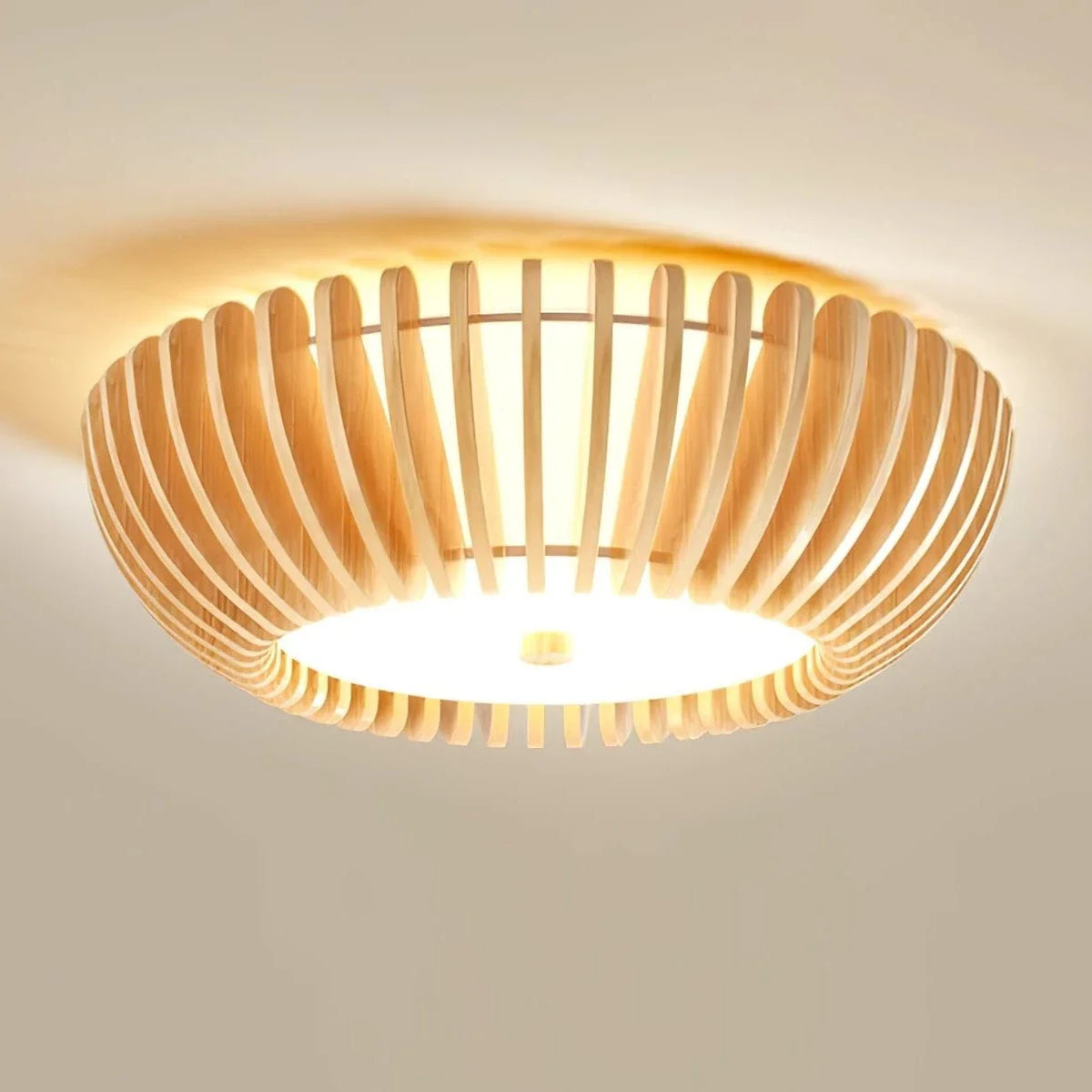 Slatted Drum Flush Mount in wood for Low Ceilings by AUVIELIGHT