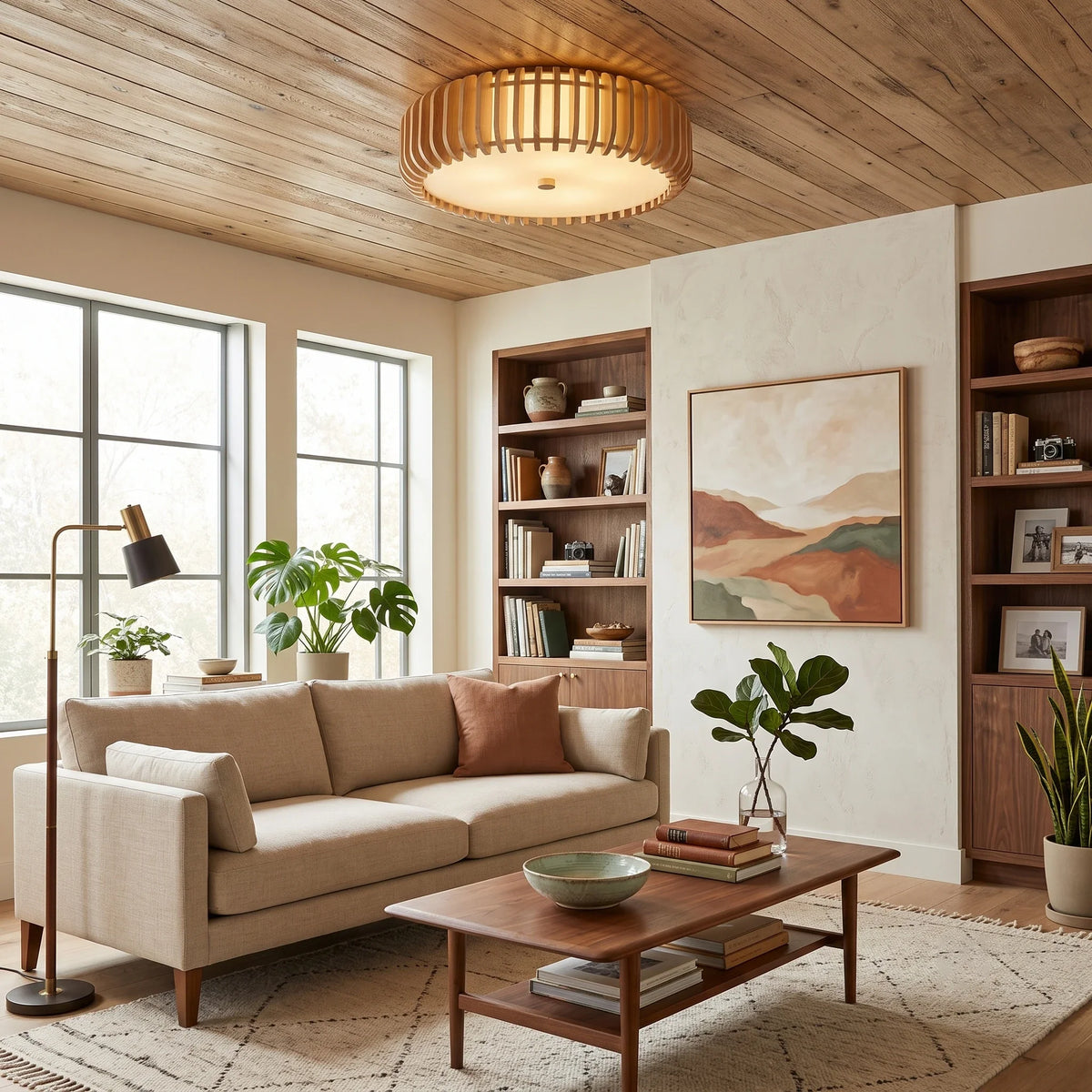Slatted Drum Flush Mount in wood for Low Ceilings by AUVIELIGHT
