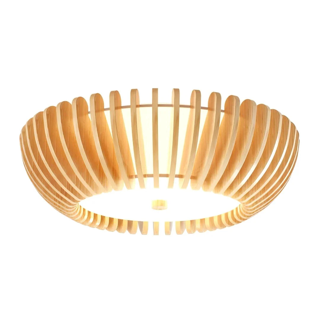 Slatted Drum Flush Mount in wood for Low Ceilings by AUVIELIGHT, Model B ∅ 16.5" x H 5.9" (Integrated LED) Warm Light / Wood color & White