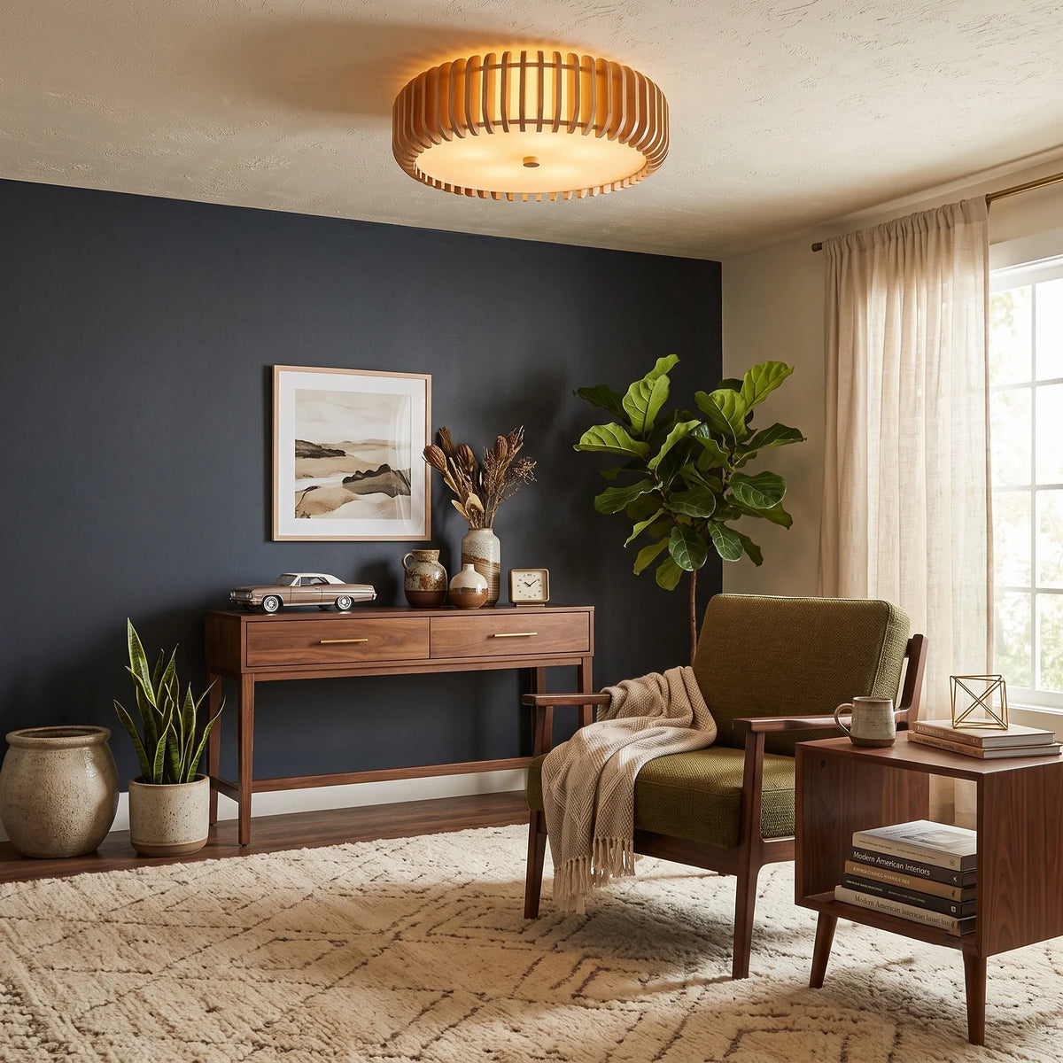 Slatted Drum Flush Mount in wood for Low Ceilings by AUVIELIGHT