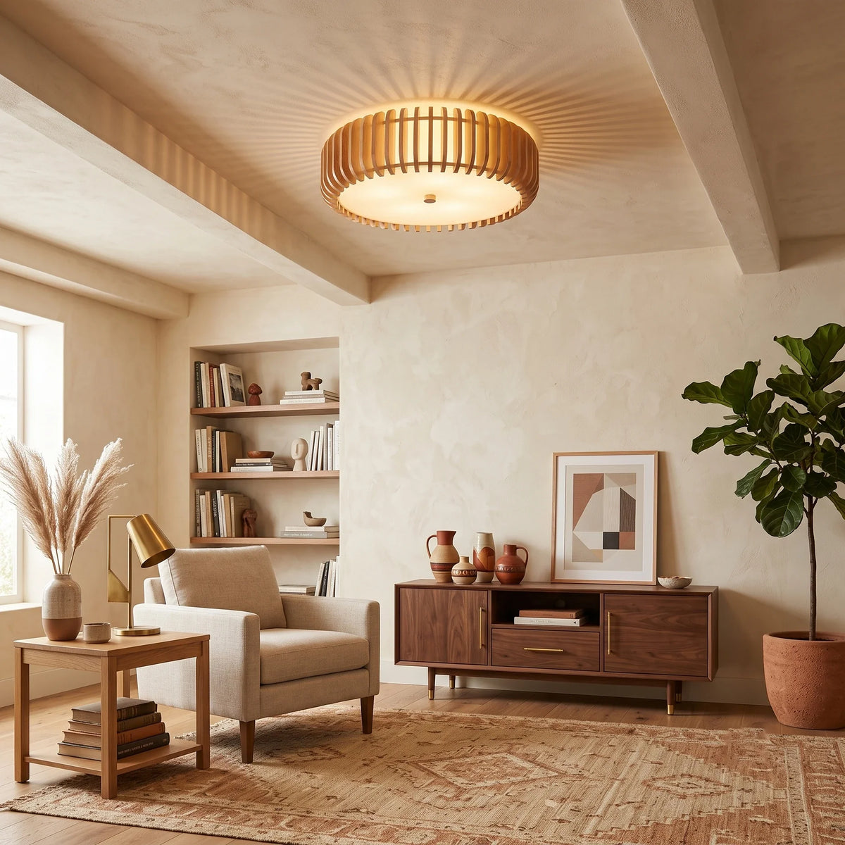 Slatted Drum Flush Mount in wood for Low Ceilings by AUVIELIGHT