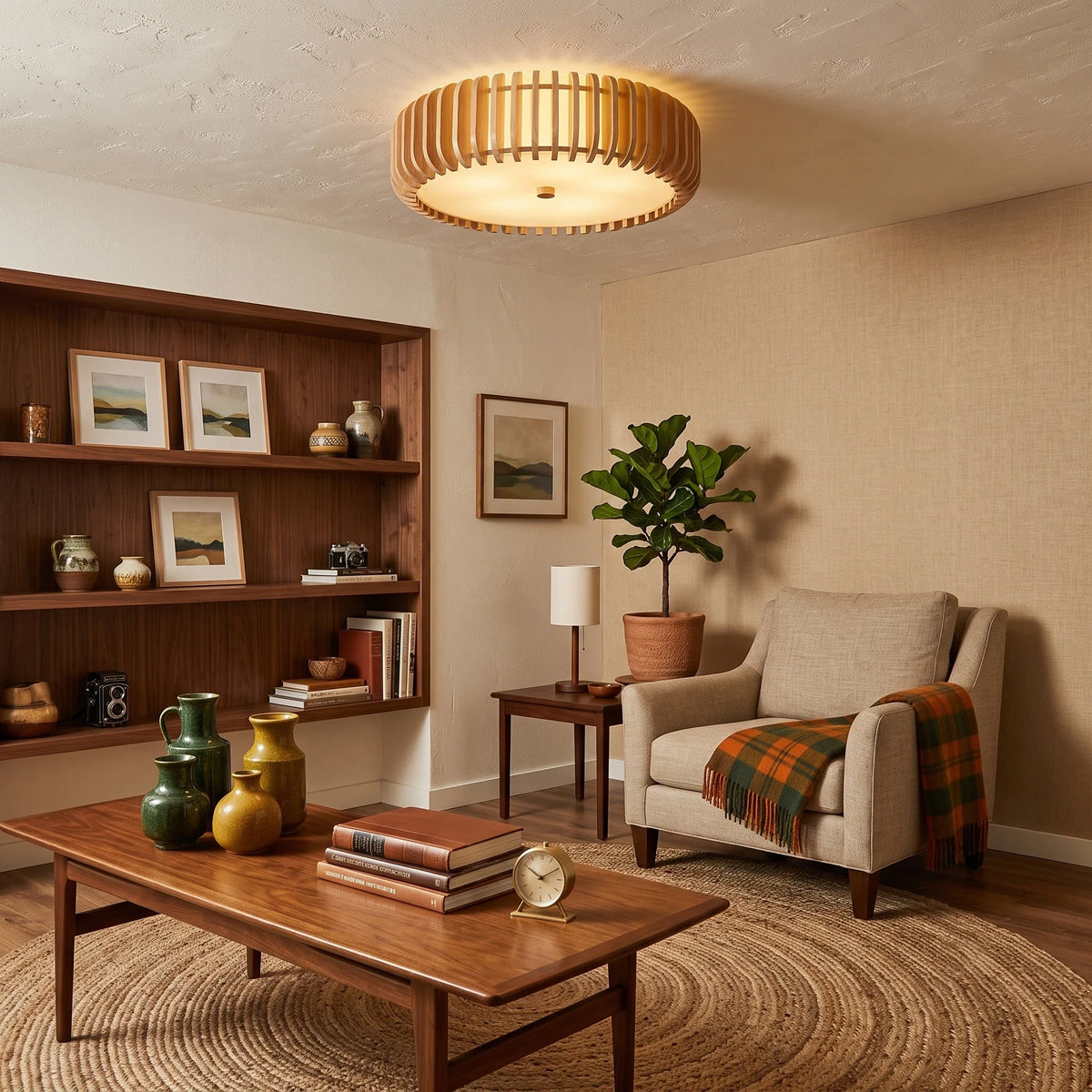Slatted Drum Flush Mount in wood for Low Ceilings by AUVIELIGHT