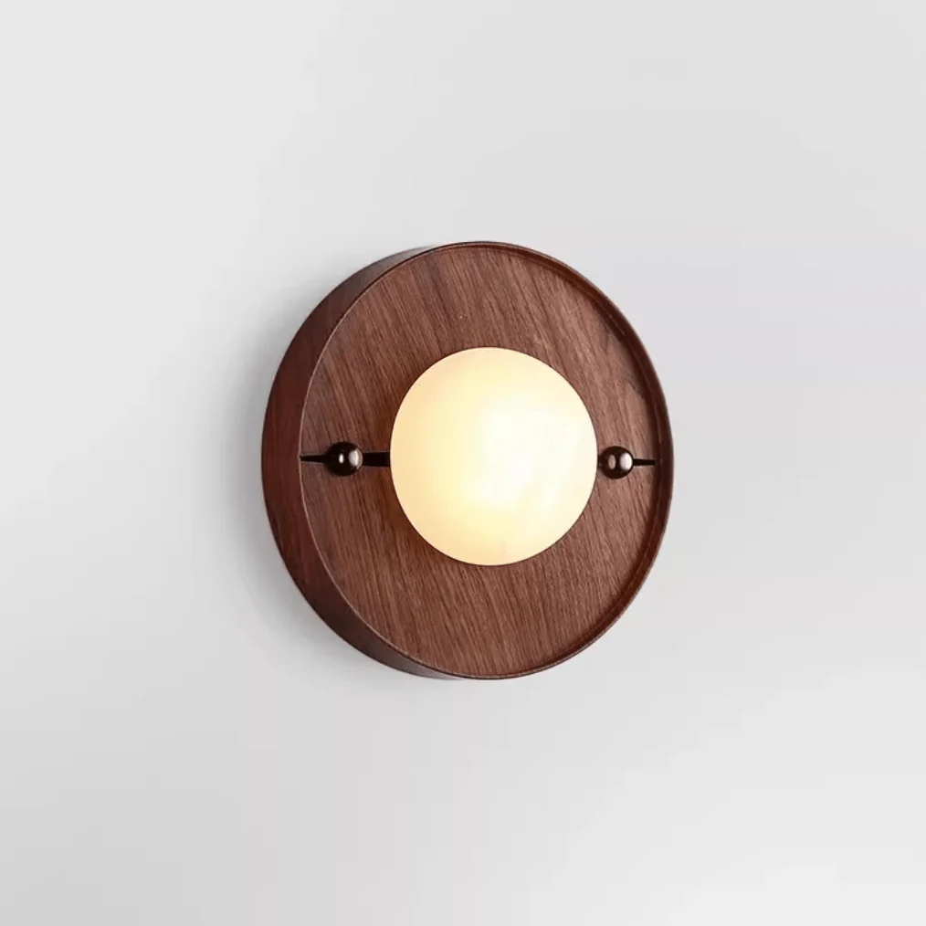 Solaris Timber Wall Sconce in alabaster for Hallway by AUVIELIGHT, Dia 20cm x H 20cm / ∅ 7.9″ x H 7.9″ / Walnut Color & White / Warm Light