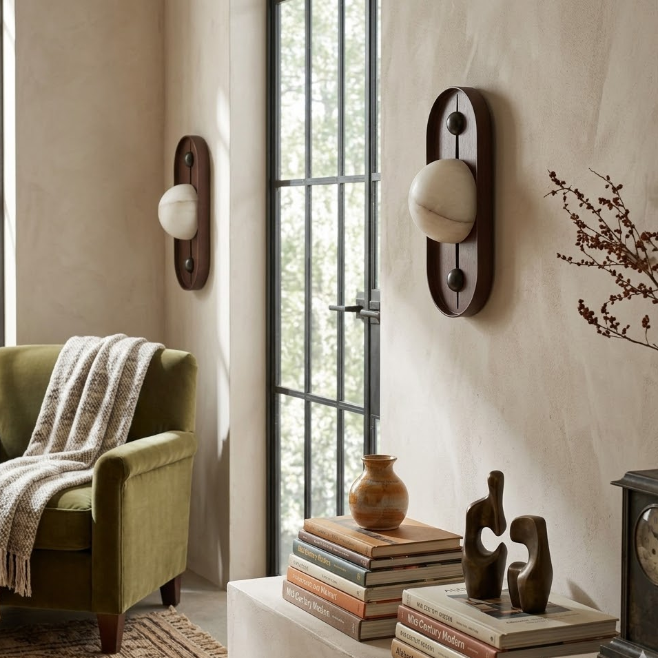 Solaris Timber Wall Sconce in alabaster for Hallway by AUVIELIGHT