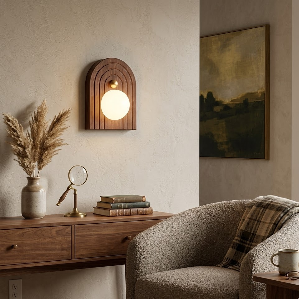 Solaris Timber Wall Sconce in alabaster for Hallway by AUVIELIGHT