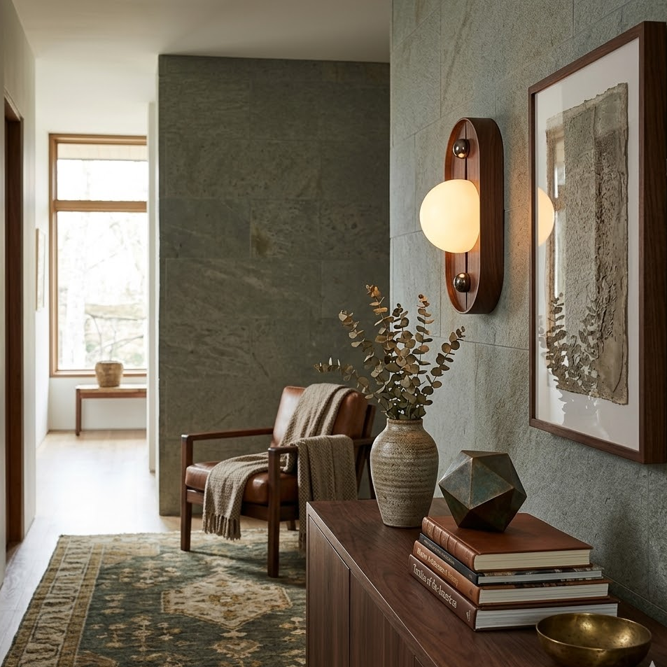 Solaris Timber Wall Sconce in alabaster for Hallway by AUVIELIGHT