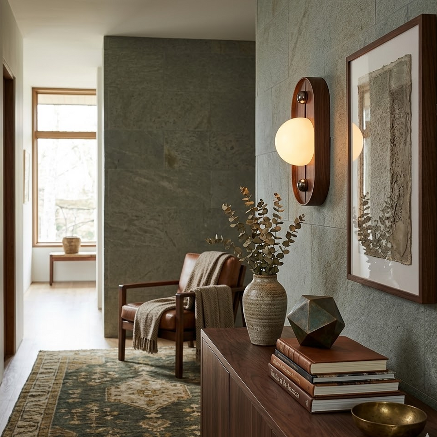 Solaris Timber Wall Sconce in alabaster for Hallway by AUVIELIGHT