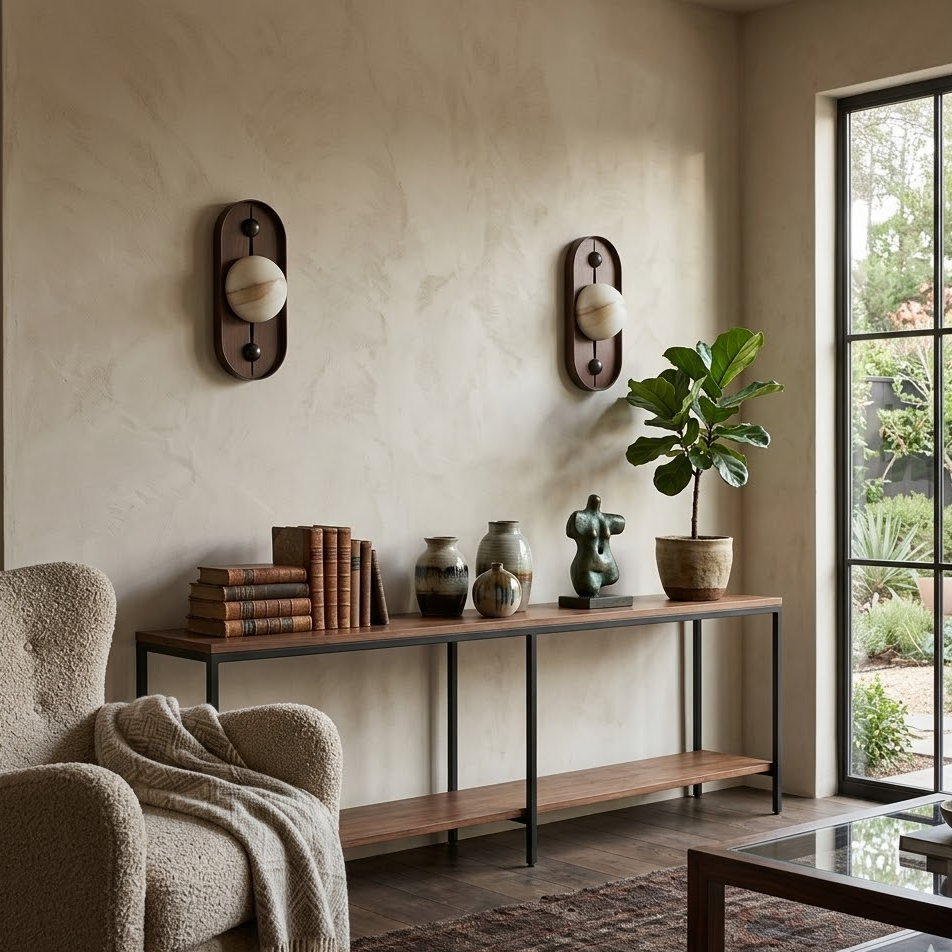 Solaris Timber Wall Sconce in alabaster for Hallway by AUVIELIGHT