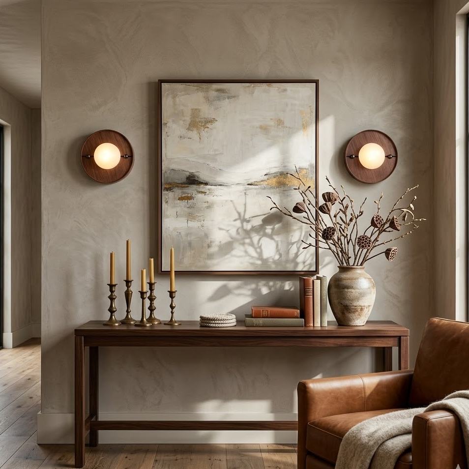 Solaris Timber Wall Sconce in alabaster for Hallway by AUVIELIGHT