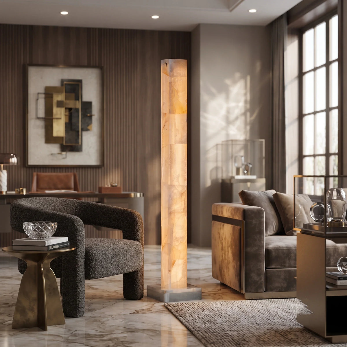 Square Column Floor Lamp in alabaster for Living Room by AUVIELIGHT