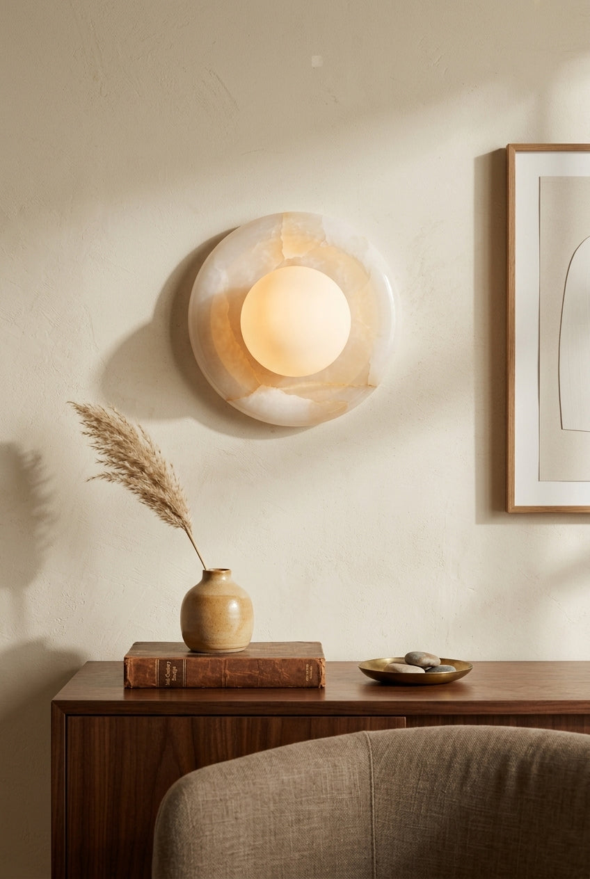 Round Wall Sconce in natural stone for Hallway by AUVIELIGHT