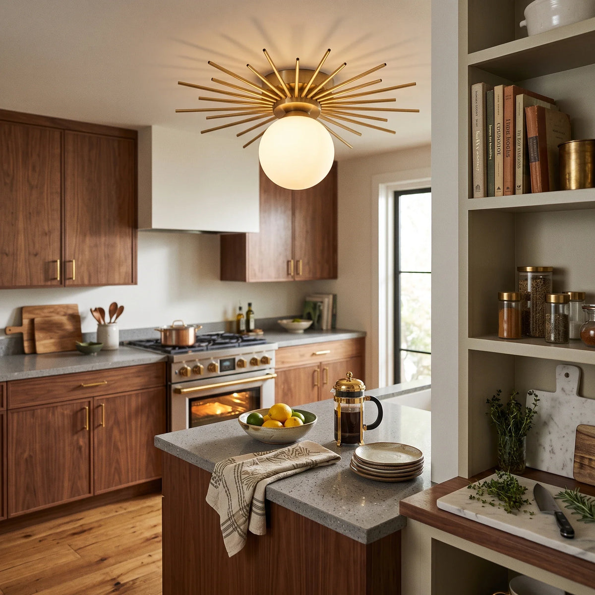 Sunburst Flush Mount in brass for Low Ceilings by AUVIELIGHT