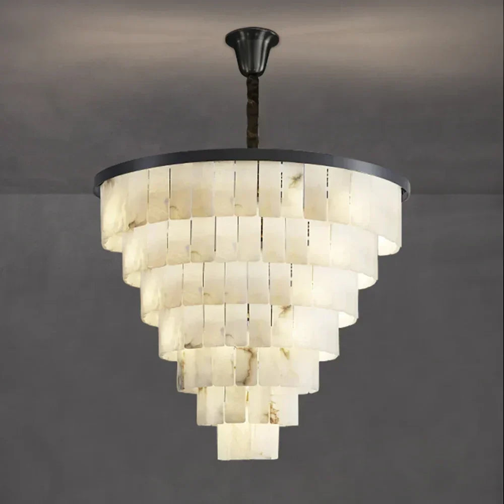 Tiered Chandelier in alabaster for Dining Room by AUVIELIGHT, Dia 110cm x H 100cm / ∅ 43.3″ x H 39.4″ / White