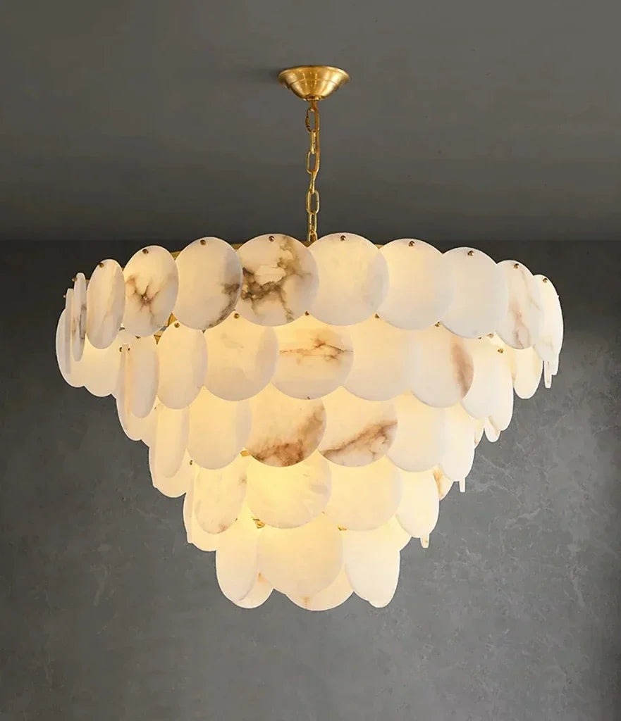 Tiered Disc Chandelier in alabaster for Dining Room by AUVIELIGHT, 5 Layers Dia 100cm x H 80cm / ∅ 39.4″ x H 31.5″ / Brass & White