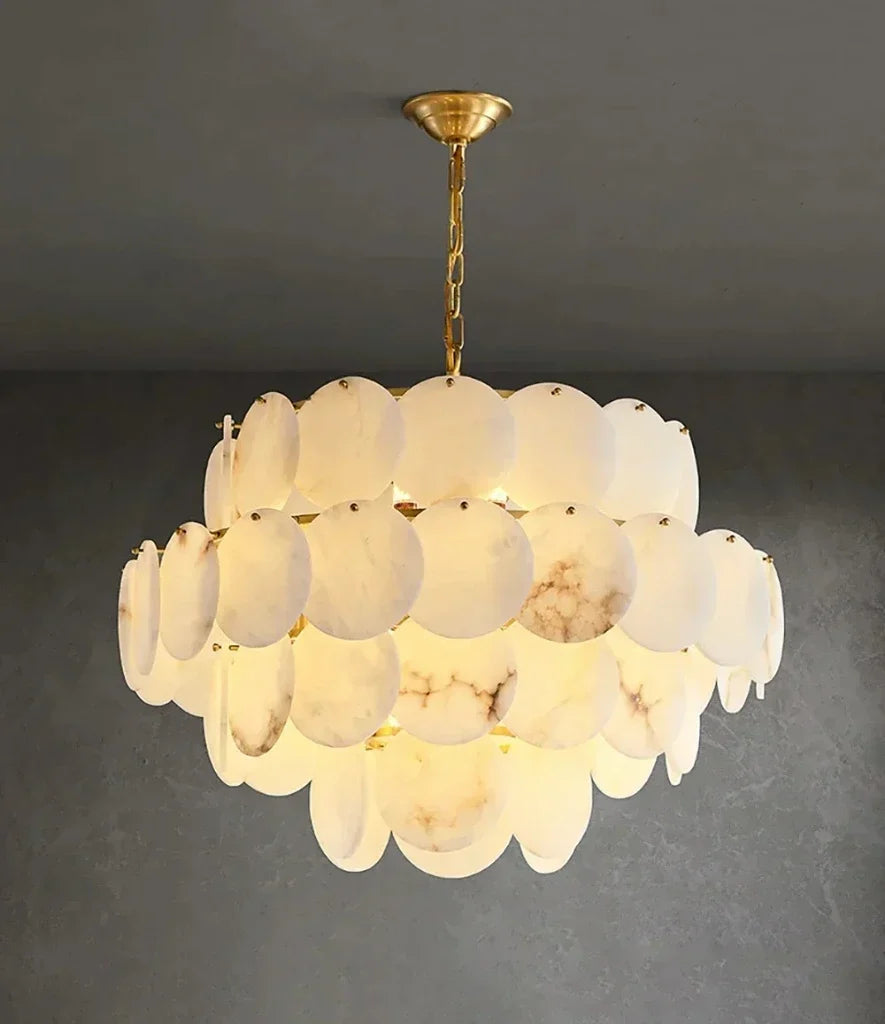Tiered Disc Chandelier in alabaster for Dining Room by AUVIELIGHT, 4 Layers Dia 80cm x H 75cm / ∅ 31.5″ x H 39.5″ / Brass & White